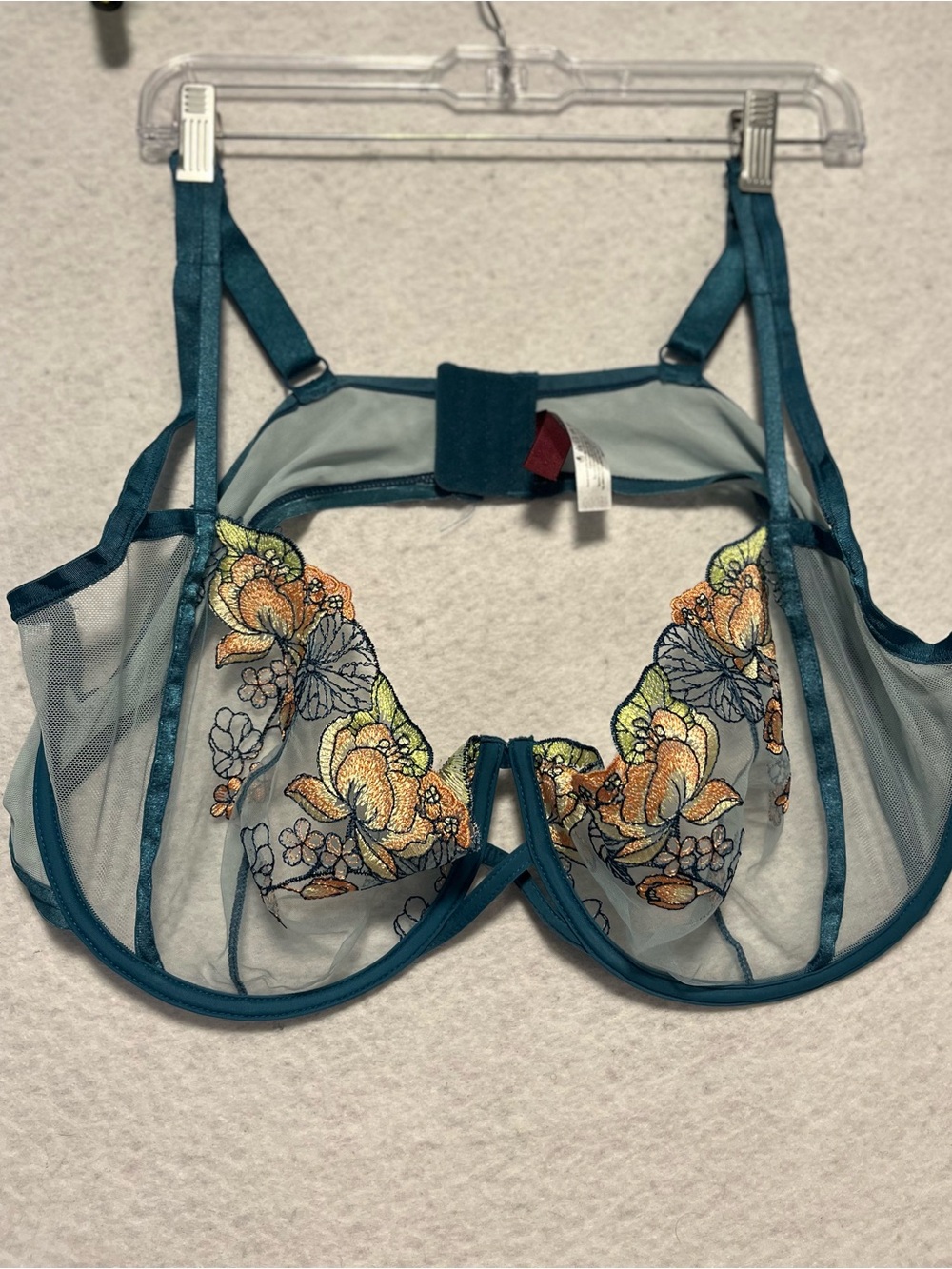 Adore Me Teal Sheer Underwire Bra with Orange & Yellow Floral Embroidery